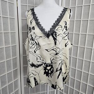 Joie Cream and Black Floral Lace Trim V-Neck Tank